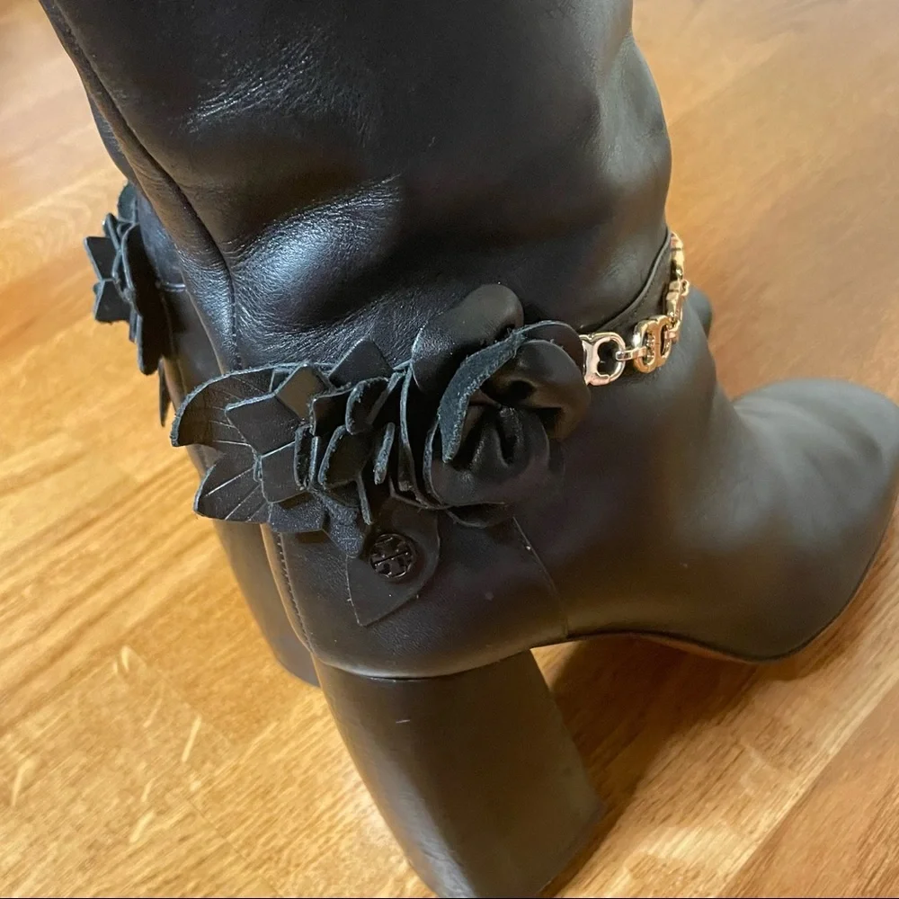 Tory Burch Leather Floral Blossom Knee High Heeled Boot